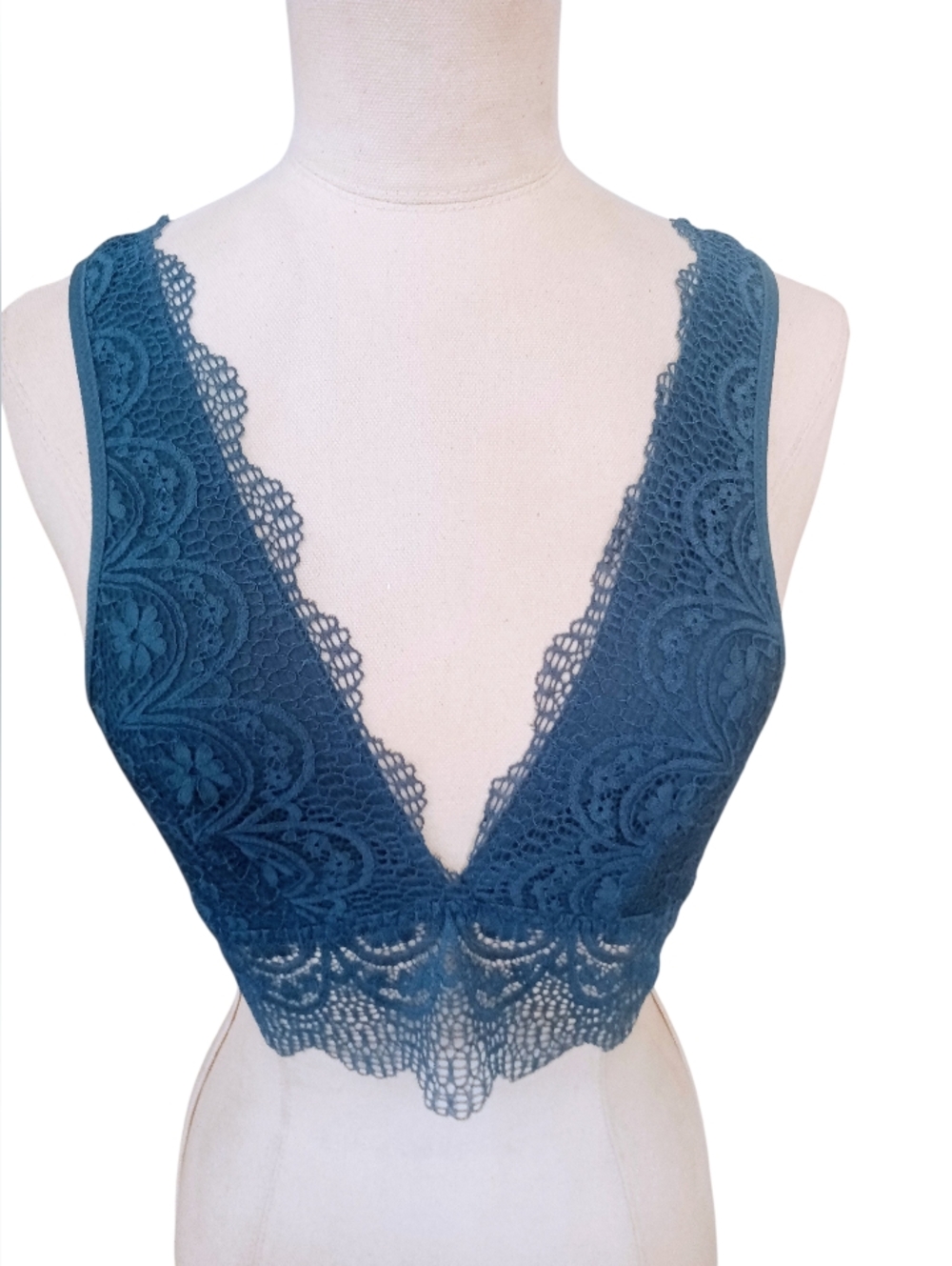 Teal Blue Lace Deep Plunge Bralette Size L NWOT